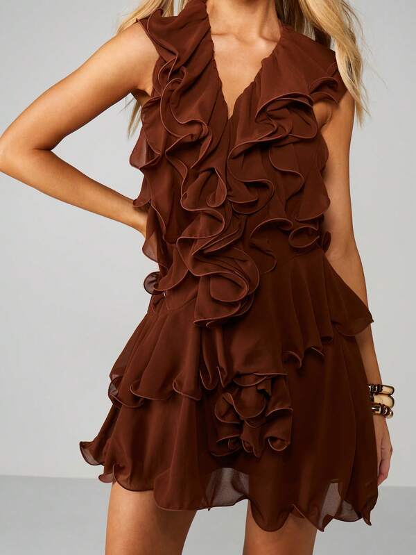 MISSGUIDED Ruffle Chiffon Mini Dress With V-Neck