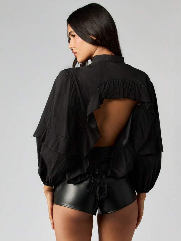 MISSGUIDED Ruffle Curved Hem Blouse With Balloon Sleeves