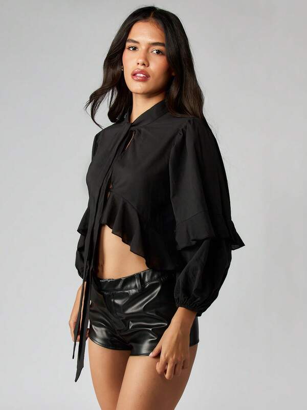 MISSGUIDED Ruffle Curved Hem Blouse With Balloon Sleeves