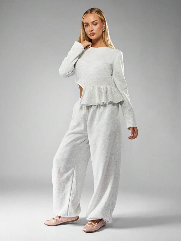 MISSGUIDED Ruffle Detailed Crop Top And Wide Leg Pants Set