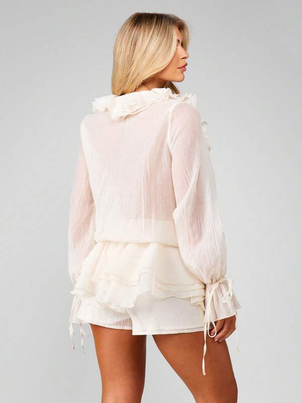 MISSGUIDED Ruffle Flower Coord Set With Sheer Sleeves