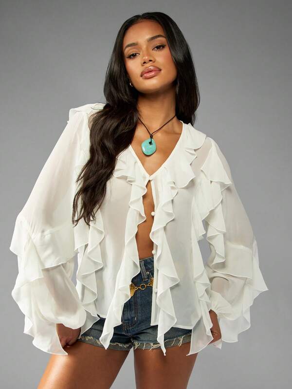 MISSGUIDED Ruffle Front Chiffon Blouse With Dramatic Sleeves