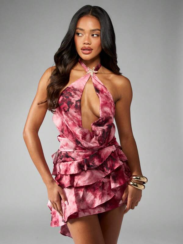 MISSGUIDED Ruffle Halter Neck Two Piece Outfit With Star Brooch