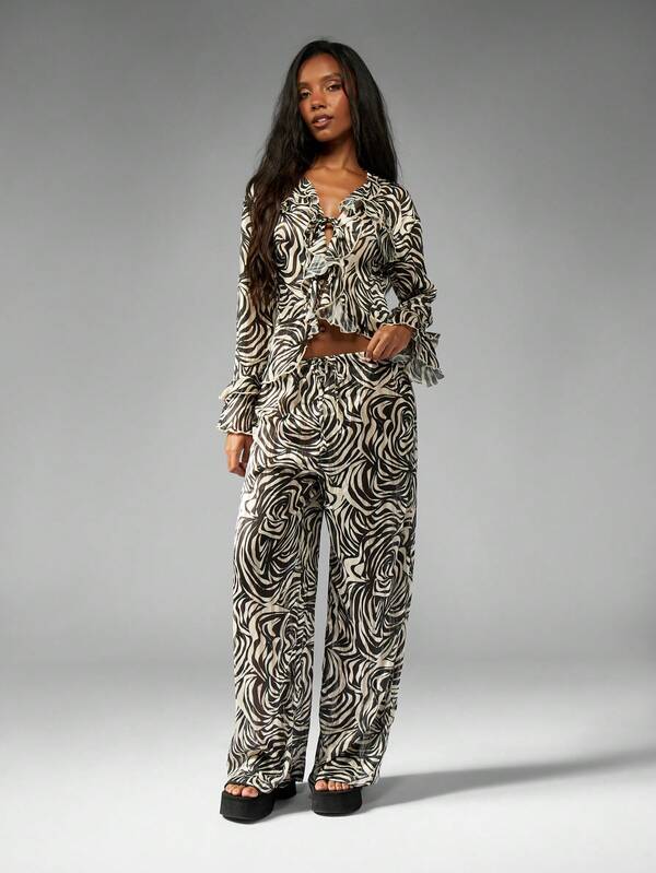 MISSGUIDED Ruffle Long Sleeve Top With Wide Leg Pants