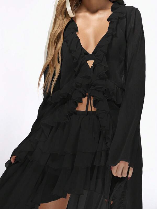 MISSGUIDED Ruffle Longline Tie Front Boho Style Blouse