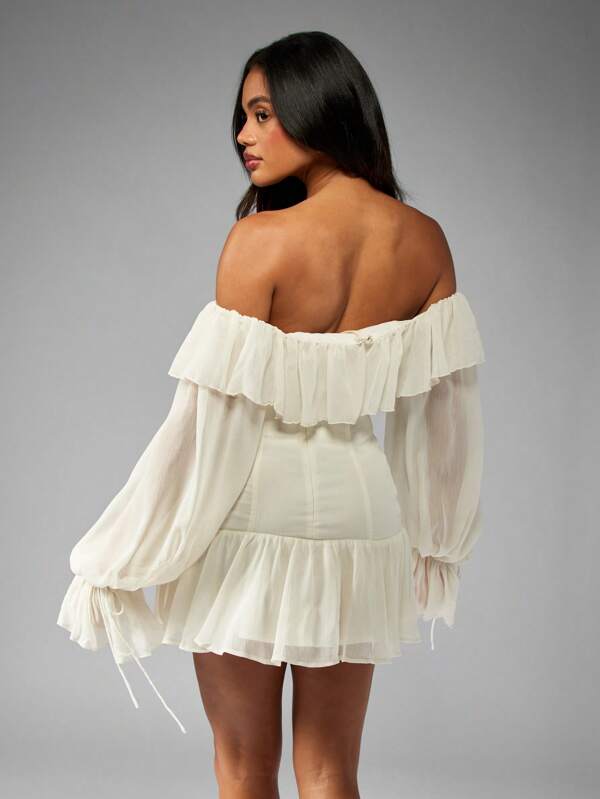 MISSGUIDED Ruffle Off Shoulder Long Sleeve Corset Chiffon Lace Up Detail Mini Dress