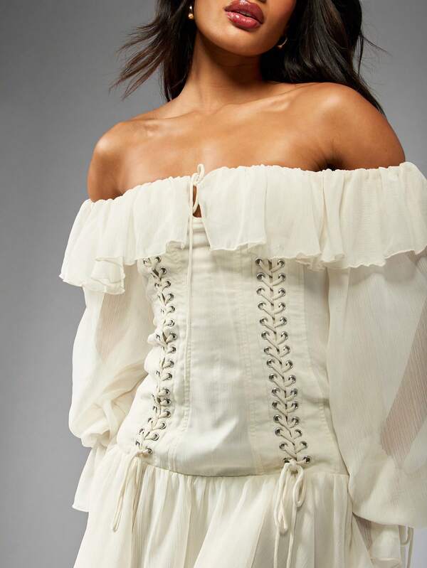 MISSGUIDED Ruffle Off Shoulder Long Sleeve Corset Chiffon Lace Up Detail Mini Dress