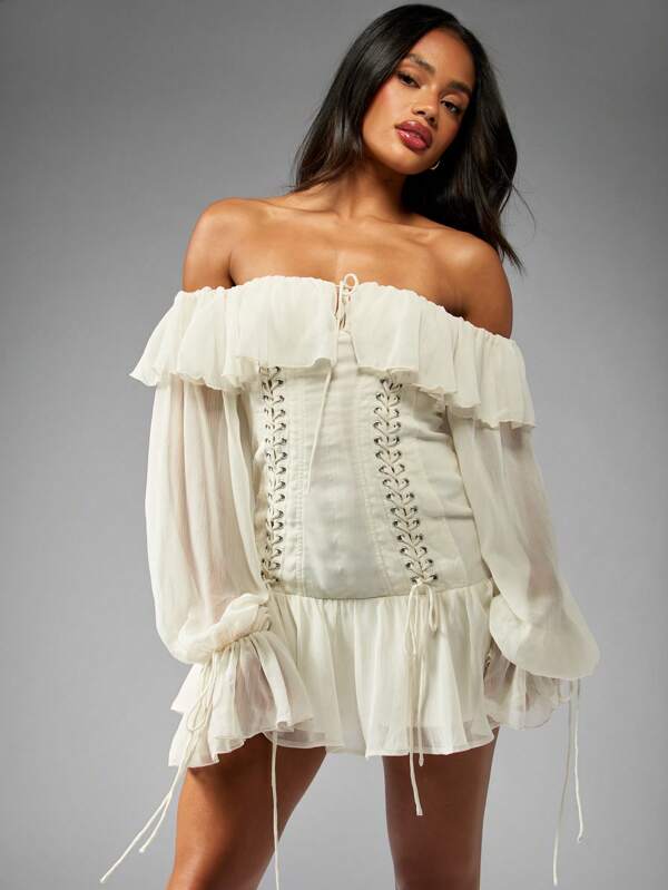 MISSGUIDED Ruffle Off Shoulder Long Sleeve Corset Chiffon Lace Up Detail Mini Dress