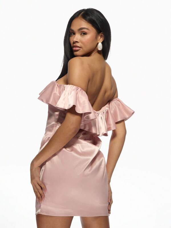 MISSGUIDED Ruffle Off-Shoulder Satin Corset Bodycon Mini Dresses With Draped Skirt
