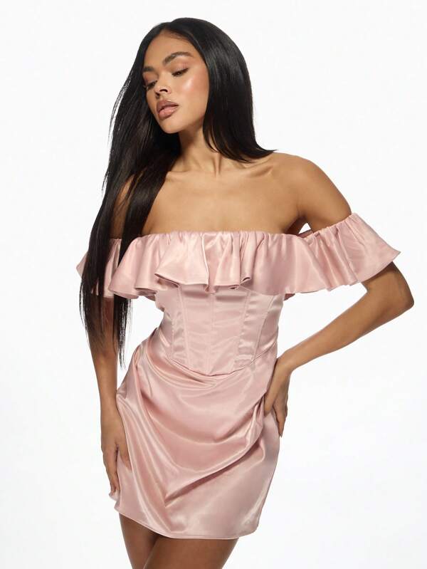 MISSGUIDED Ruffle Off-Shoulder Satin Corset Bodycon Mini Dresses With Draped Skirt