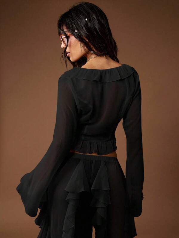 MISSGUIDED Ruffle Sheer Crop Blouse With Front Tie