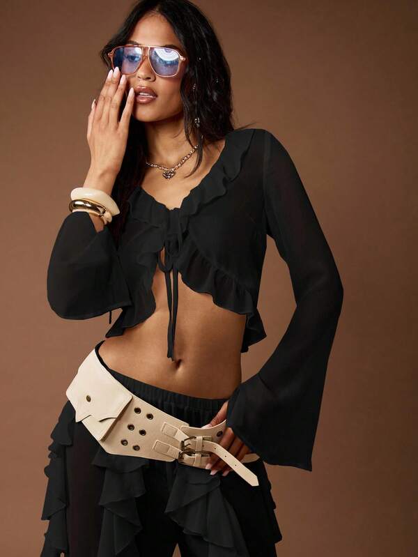 MISSGUIDED Ruffle Sheer Crop Blouse With Front Tie