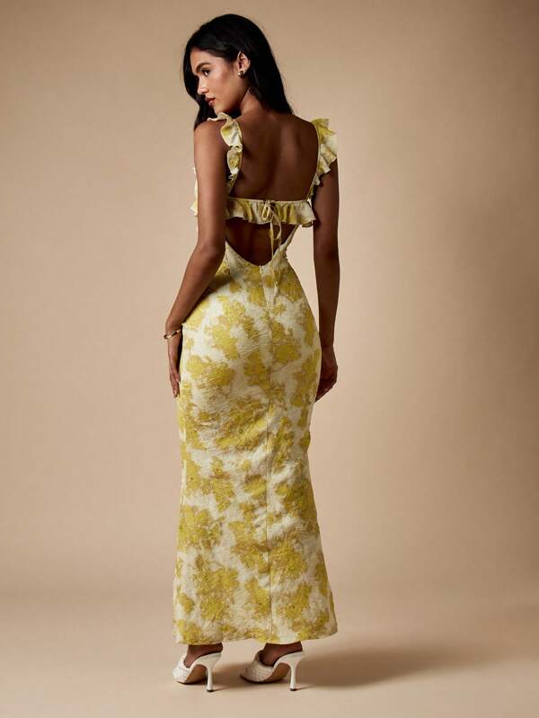MISSGUIDED Ruffle Sleeve Tie Front Lightweight Floor Length Maxi Dress