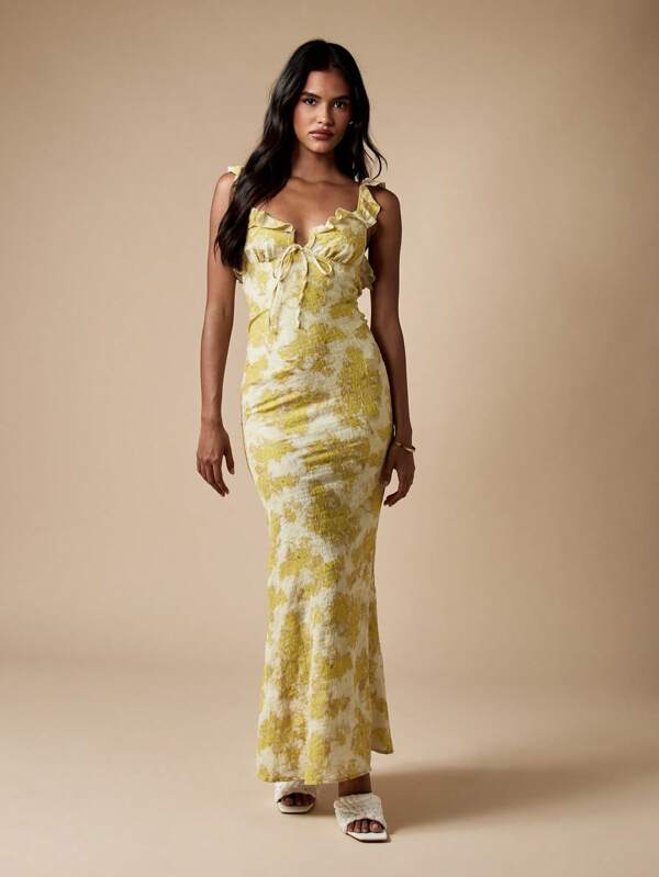 MISSGUIDED Ruffle Sleeve Tie Front Lightweight Floor Length Maxi Dress