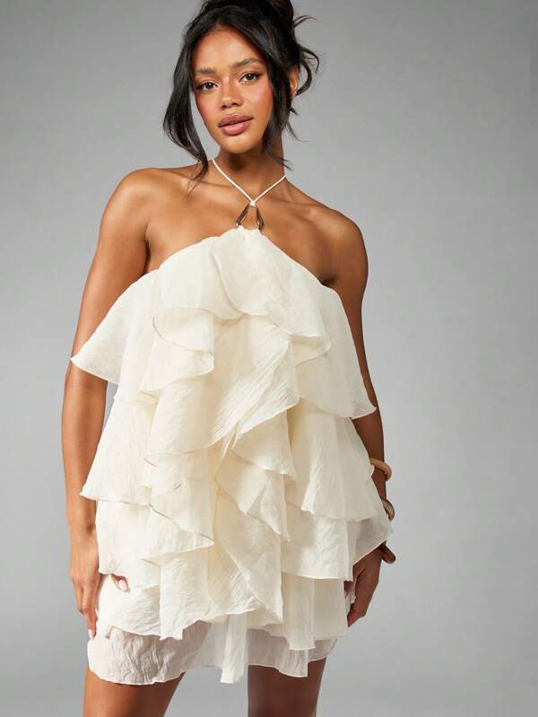 MISSGUIDED Ruffle Tiered Halter Neck Mini Dress