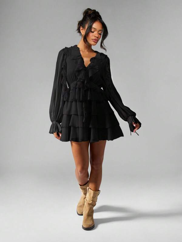 MISSGUIDED Ruffle Tiered Mini Dress With Balloon Sleeves