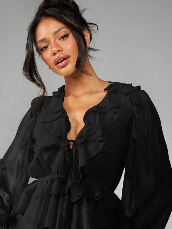 MISSGUIDED Ruffle Tiered Mini Dress With Balloon Sleeves