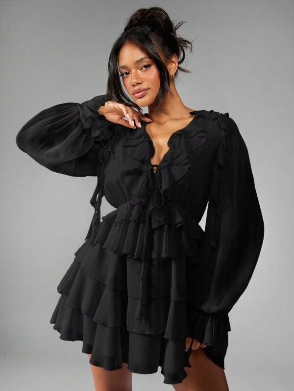 MISSGUIDED Ruffle Tiered Mini Dress With Balloon Sleeves
