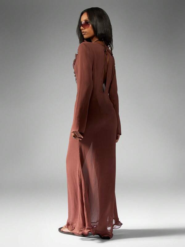 MISSGUIDED Ruffle Trim Chiffon Maxi Dress With Flutter Neckline