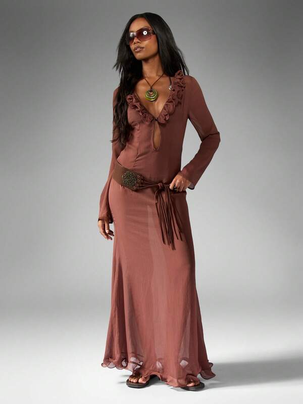 MISSGUIDED Ruffle Trim Chiffon Maxi Dress With Flutter Neckline
