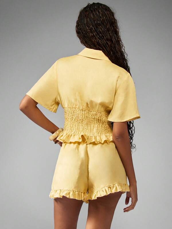 MISSGUIDED Ruffle Trim Smocked Waist Button Front Coordinated Two-Piece Outfits