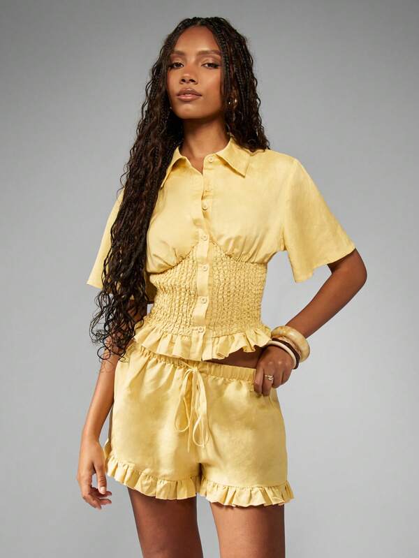 MISSGUIDED Ruffle Trim Smocked Waist Button Front Coordinated Two-Piece Outfits