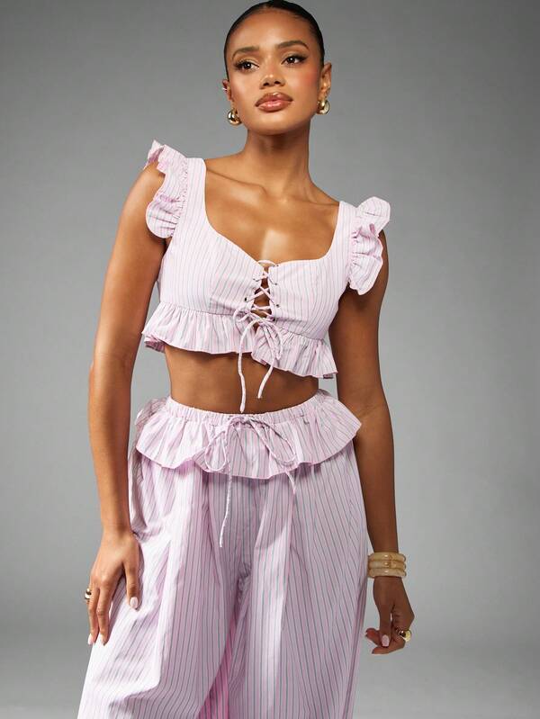MISSGUIDED Ruffle Trim Square Neck Balloon Pants With Cropped Top