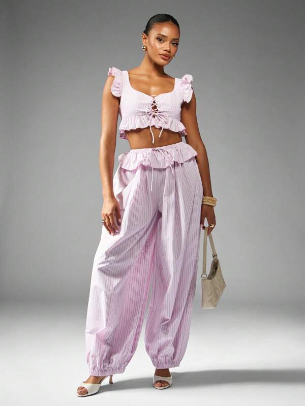 MISSGUIDED Ruffle Trim Square Neck Balloon Pants With Cropped Top