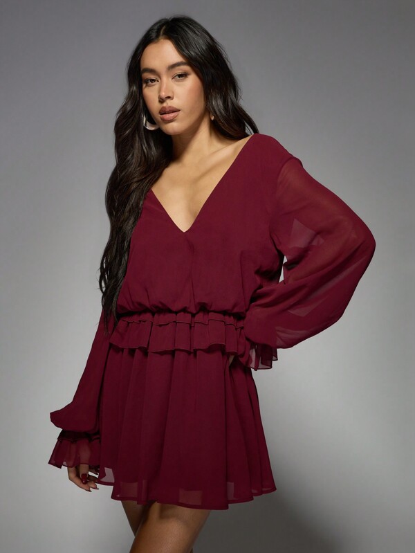 MISSGUIDED Ruffle Waist Mini Dress With Balloon Sleeves