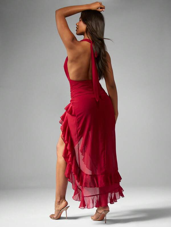 MISSGUIDED Ruffled Chiffon Maxi Dress Features High Slit And Halter Neck