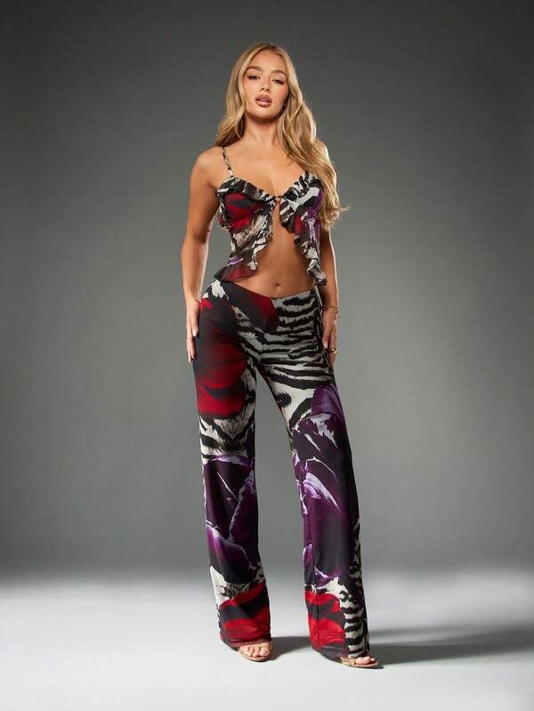 MISSGUIDED Ruffled Crop Top And Wide Leg Pants Set