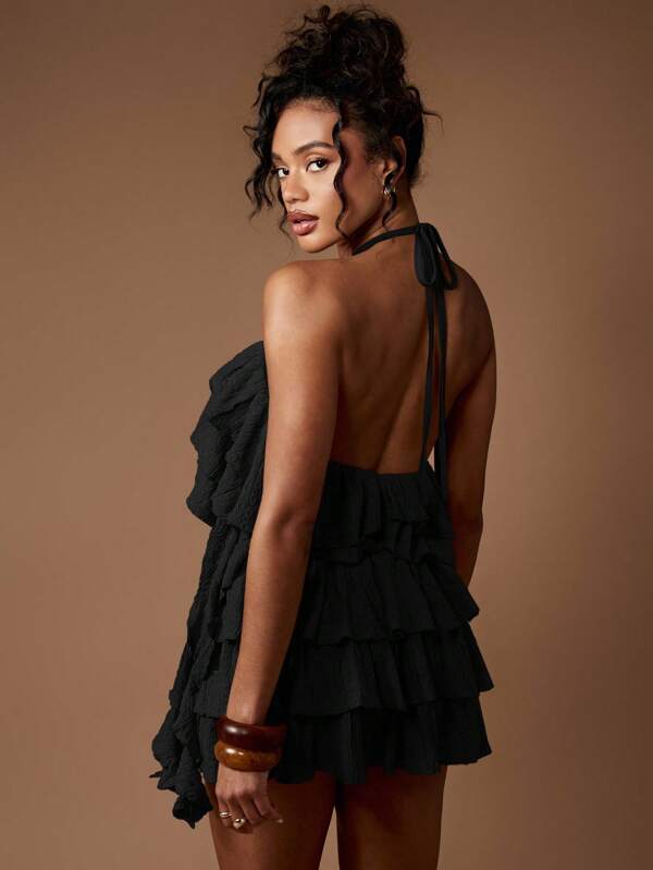 MISSGUIDED Ruffled Halter Neck Co Ord With Tiered Mini Skirt