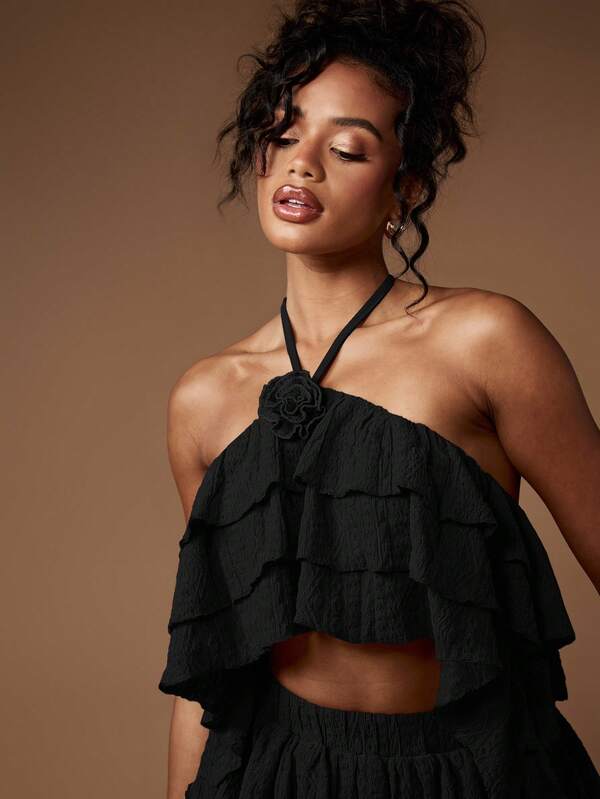 MISSGUIDED Ruffled Halter Neck Co Ord With Tiered Mini Skirt
