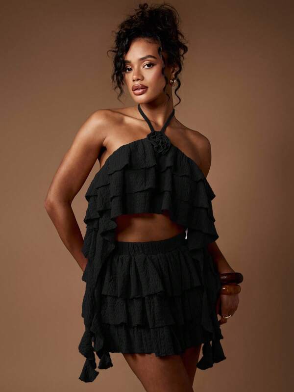 MISSGUIDED Ruffled Halter Neck Co Ord With Tiered Mini Skirt