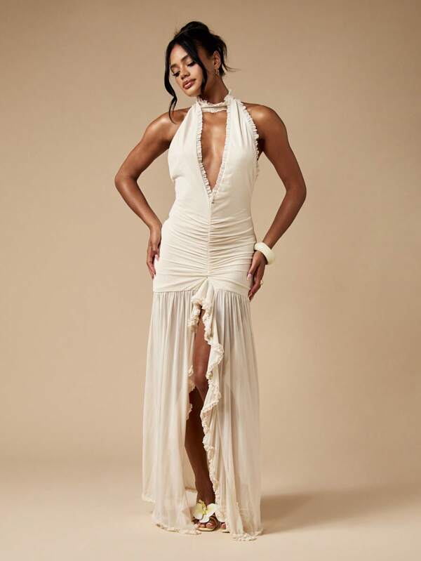 MISSGUIDED Ruffled Halter Neck Mermaid Dress With Plunging Neckline