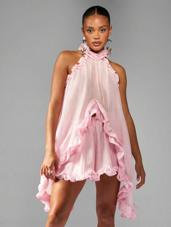 MISSGUIDED Ruffled High Low Top With Mini Skirt Coord