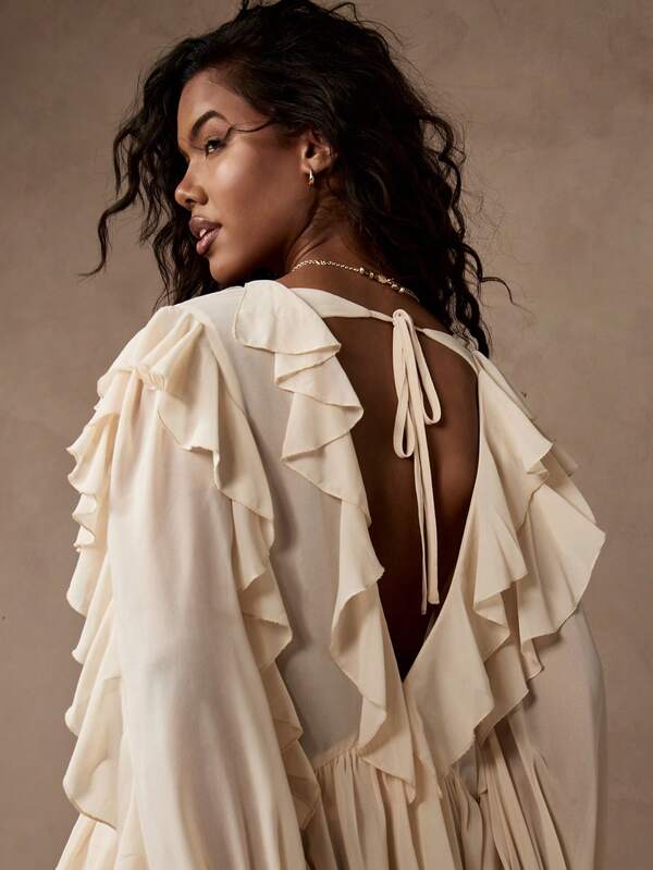 MISSGUIDED Ruffled Long Sleeve Tie Front Chiffon Boho Style Blouse