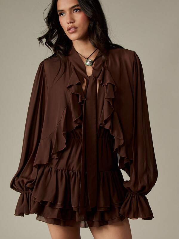 MISSGUIDED Ruffled Mini Dress With Blouson Sleeves And Tiered Hem