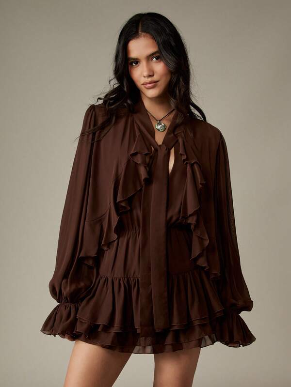 MISSGUIDED Ruffled Mini Dress With Blouson Sleeves And Tiered Hem