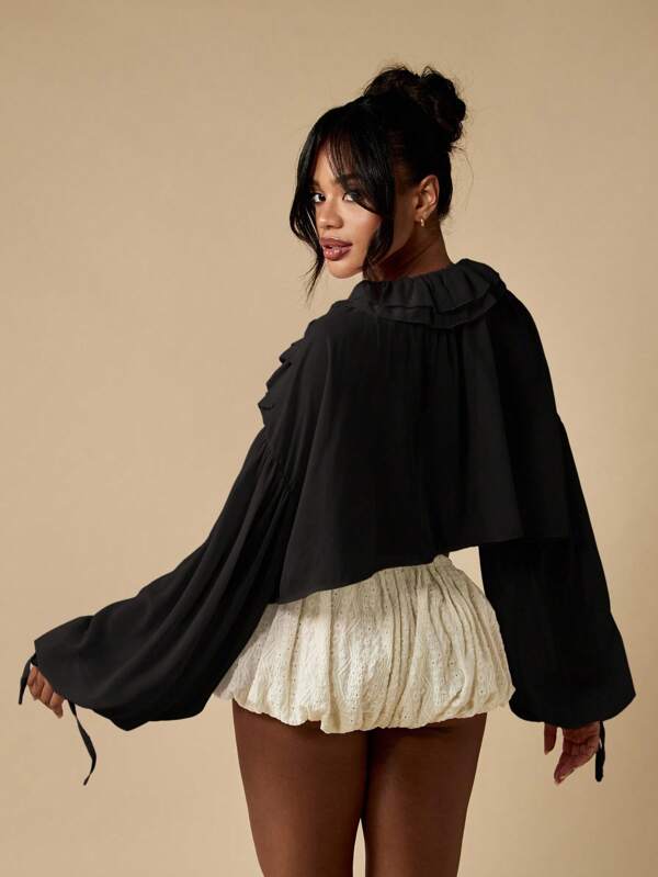 MISSGUIDED Ruffled Peasant Blouse With Bishop Sleeves And Tie Front