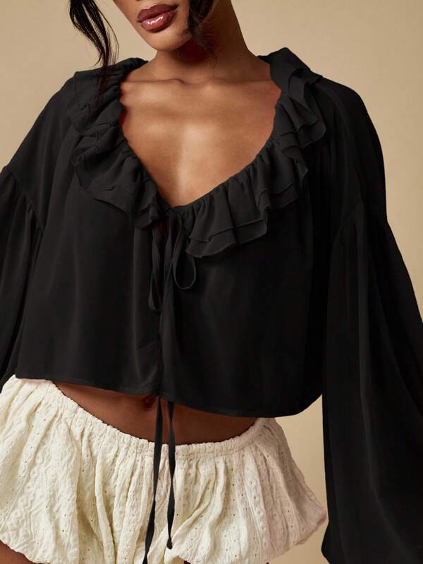 MISSGUIDED Ruffled Peasant Blouse With Bishop Sleeves And Tie Front