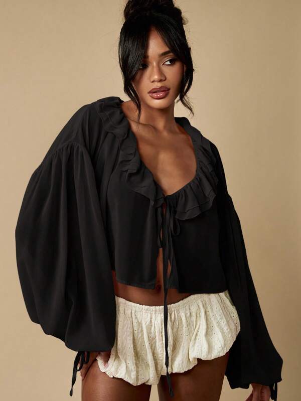 MISSGUIDED Ruffled Peasant Blouse With Bishop Sleeves And Tie Front