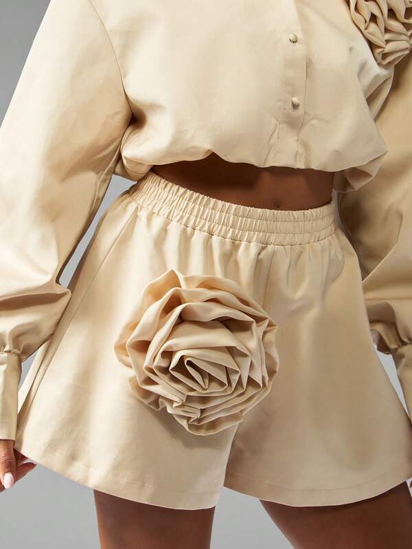 MISSGUIDED Ruffled Rose Applique Shirt And Shorts Set