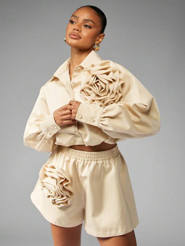 MISSGUIDED Ruffled Rose Applique Shirt And Shorts Set