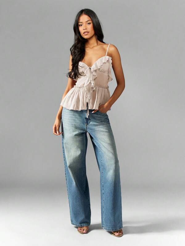 MISSGUIDED Ruffled Smocked Chiffon Peplum Sleeveless Cami Tank Top