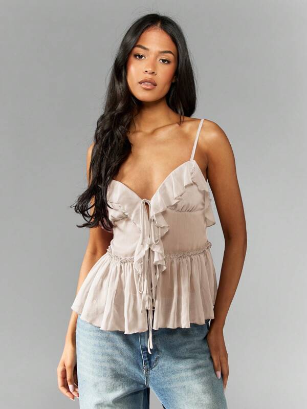 MISSGUIDED Ruffled Smocked Chiffon Peplum Sleeveless Cami Tank Top