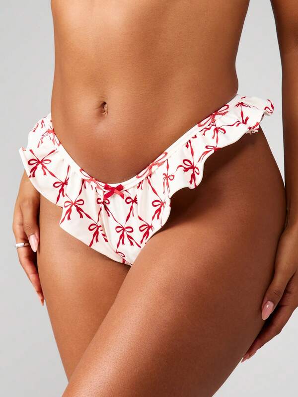 MISSGUIDED Ruffled Thong With Bow Print Pattern And Frilly Trim