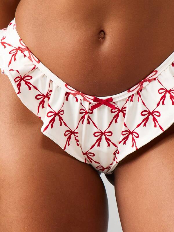 MISSGUIDED Ruffled Thong With Bow Print Pattern And Frilly Trim