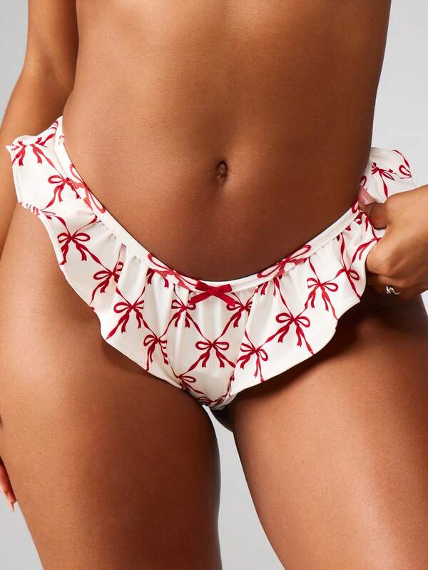 MISSGUIDED Ruffled Thong With Bow Print Pattern And Frilly Trim