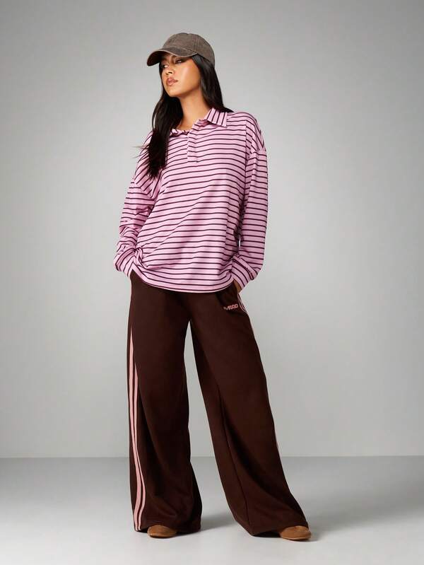 MISSGUIDED Rugby Striped Long Sleeve Collared Sweatshirt
